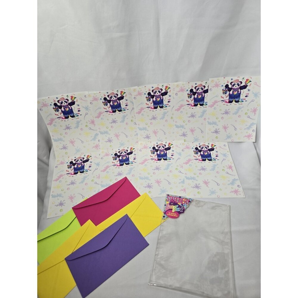 Vintage Lisa Frank Panda Painter rainbow stationary 9 Papers 5 Envelopes- Read